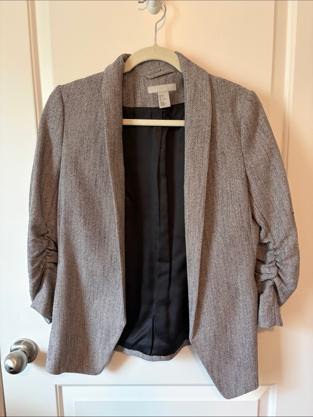 H&M Gray Textured Shawl Collar Blazer with Ruched Sleeves